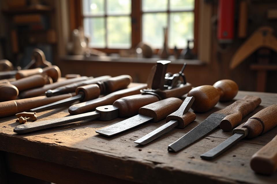 A collection of well-maintained traditional woodworking hand tools like chisels, planes, and saws neatly arranged on a workbench, bathed in natural light.