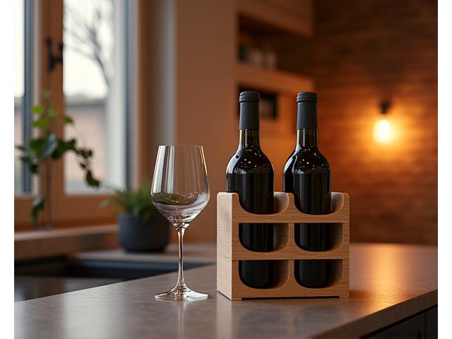 Oak wood wine rack holding three bottles of wine