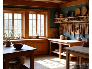 A wide shot inside a well-lit, organized woodworking workshop, with various tools on display and unfinished wooden projects on benches, conveying a sense of skilled craftsmanship.