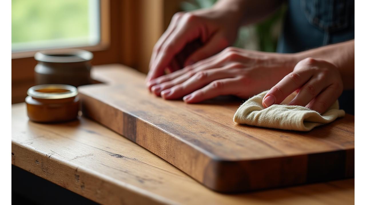 Close-up of hands oiling a beautifully finished wooden cutting board, with soft focus natural light highlighting the wood grain and a small pot of wood conditioner nearby.