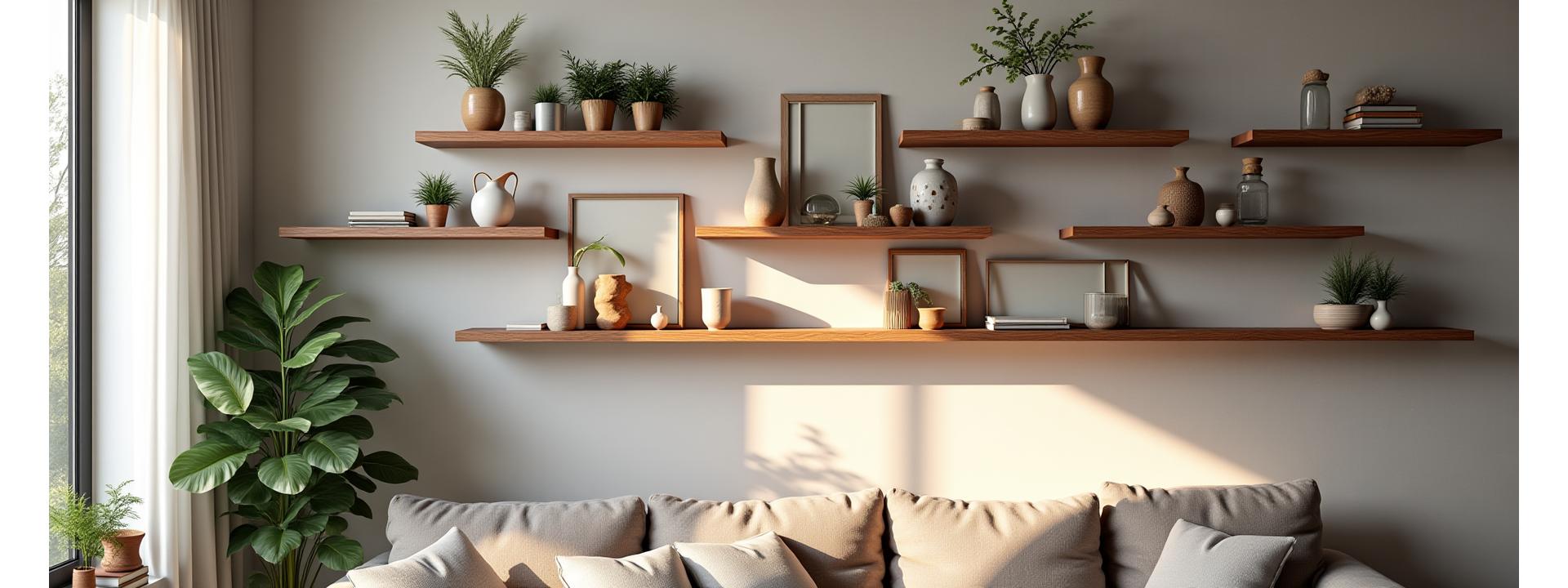 Variety of handcrafted wooden shelves elegantly arranged in a modern rustic living room with natural light.